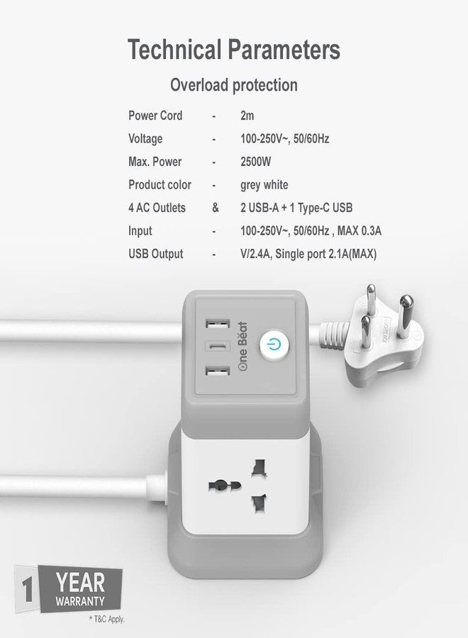 One Beat لوحات تمديد One Beat Cube مزودة بمقابس عالمية ومنافذ شحن USB مع مقبس قابس مؤشر (مقبس مكعب 4 + منفذي USB + منفذ Type C واحد) - Image 4